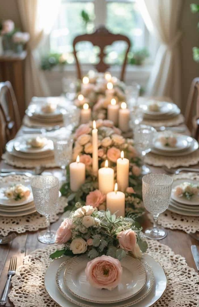 A dining table set with lace placemats, white plates, glassware, floral centerpieces, and lit candles in a softly lit room with a window in the background.