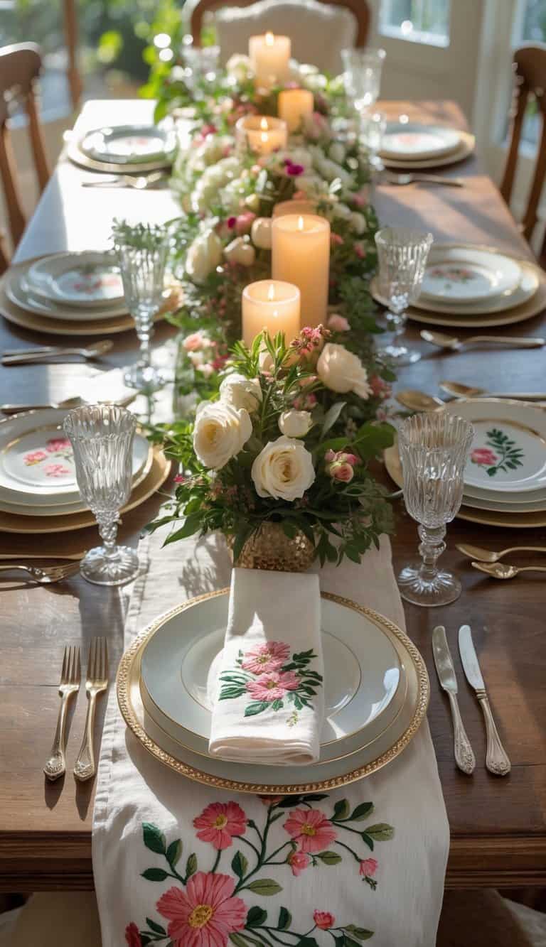 A dining table set with floral embroidered tea towels as placemats, plates, glasses, cutlery, candles, and a floral centerpiece under natural light.