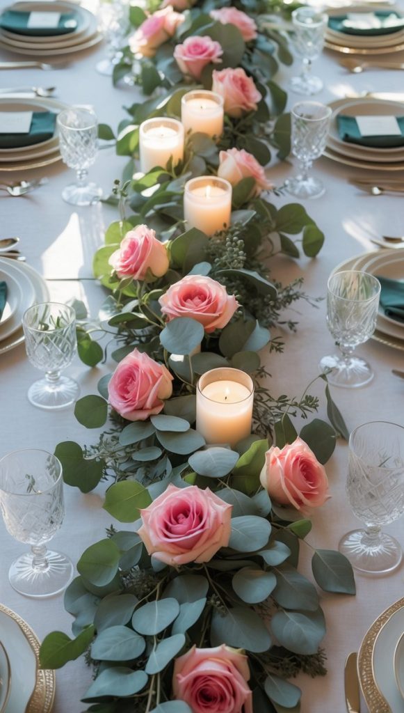 A formal dining table is set with white plates, gold cutlery, and green napkins, featuring a centerpiece of pink roses, eucalyptus leaves, and lit candles.