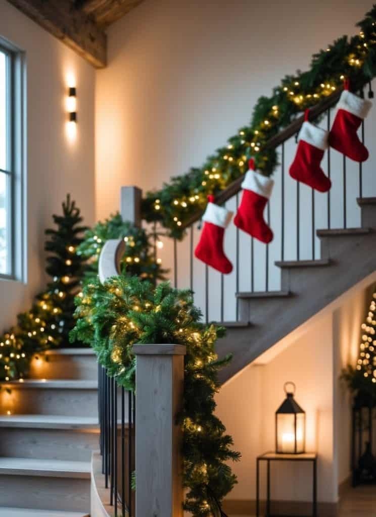 Christmas staircase decoration with red stockings and greenery garland illuminated with warm fairy lights in a cozy home setting.