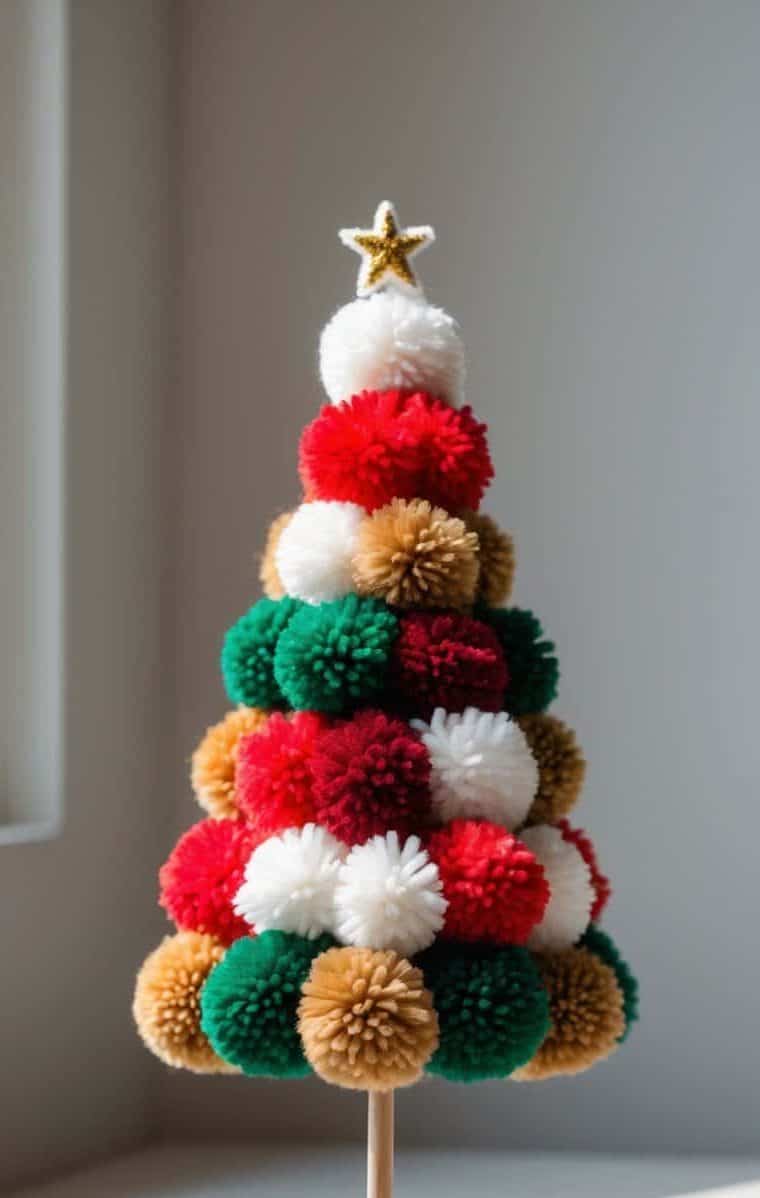 A small Christmas tree made of colorful yarn pom-poms in red, green, white, and gold, topped with a gold star, stands on a wooden stick in natural light.