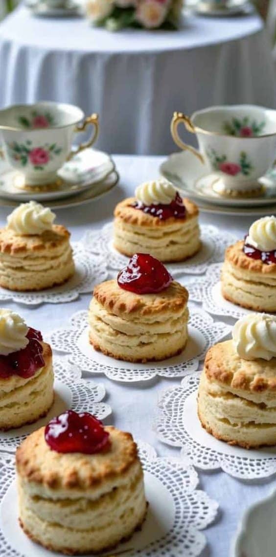 Plates of scones topped with jam and cream are arranged on a lace-covered table, with teacups and a floral centerpiece set for an outdoor tea party.