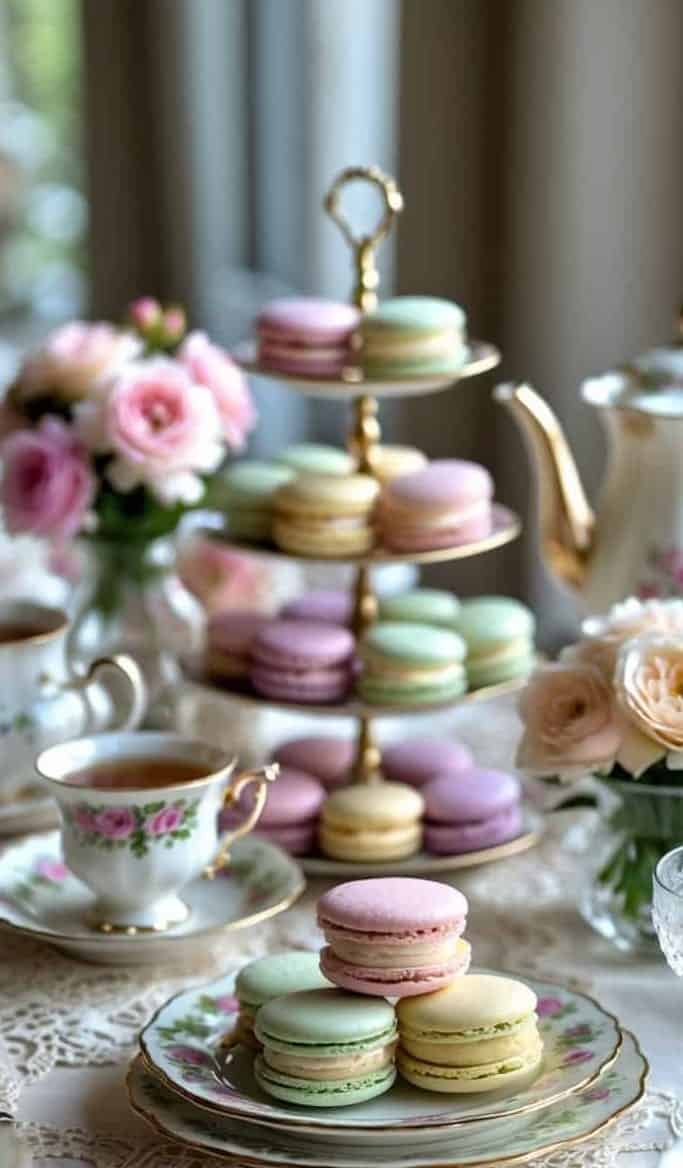 A tiered stand with pastel macarons on a lace-covered table, surrounded by floral teacups, a teapot, and vases of pink roses.