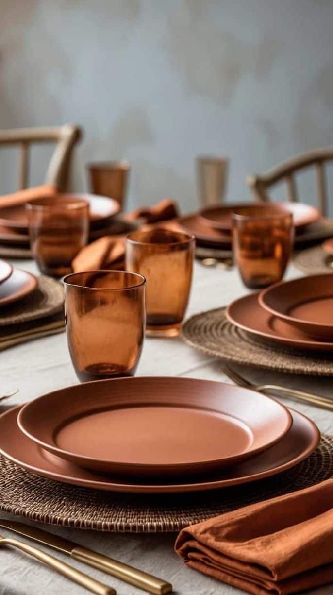 A dining table set with brown plates, matching glasses, woven placemats, gold utensils, and rust-colored cloth napkins, arranged for multiple guests.