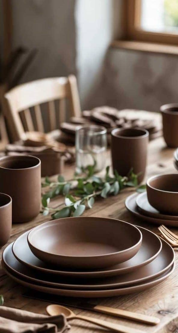 A rustic wooden dining table set with brown ceramic plates, bowls, cups, gold-colored cutlery, napkins, and a green leafy centerpiece near a window.