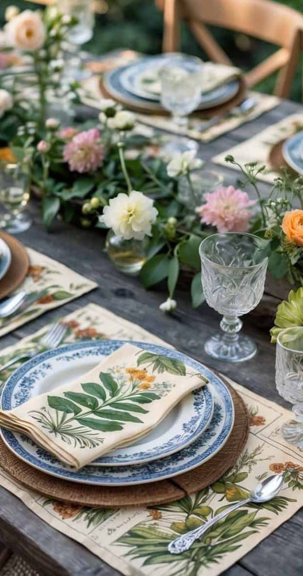 A wooden table set for a meal, featuring floral-themed plates, printed napkins, glassware, cutlery, and fresh flower arrangements as a centerpiece.