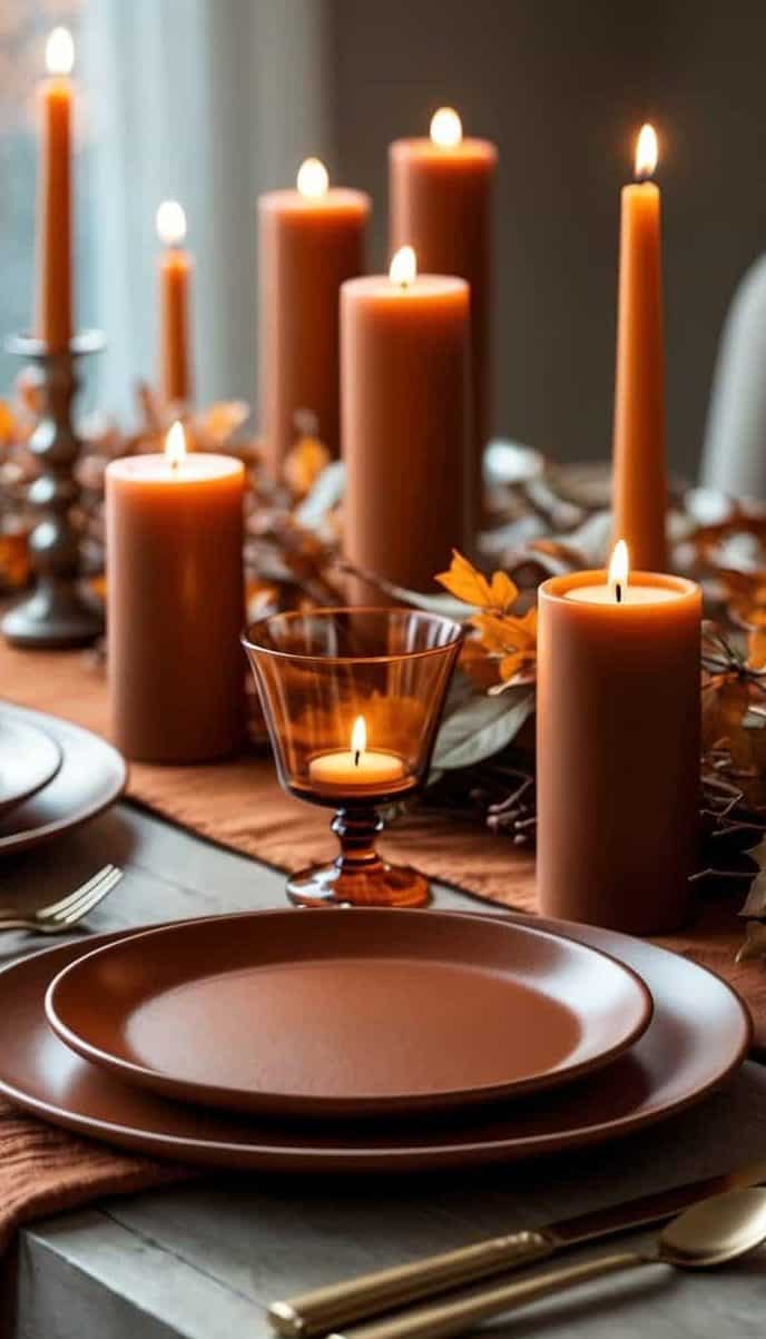 A table set with brown plates, gold cutlery, and amber glass, surrounded by lit brown candles and autumnal decorations.