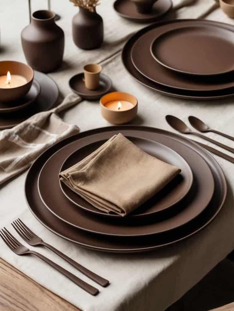 A dining table set with brown plates, bowls, and cutlery, beige napkins, lit candles, and decorative dried plants on a cream tablecloth.