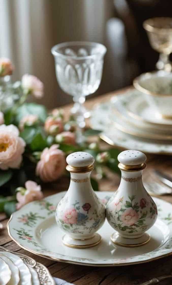 Salt and pepper shakers with a floral design are placed on a matching plate, set on a wooden table with elegant dishware, silverware, and pink flower arrangements.