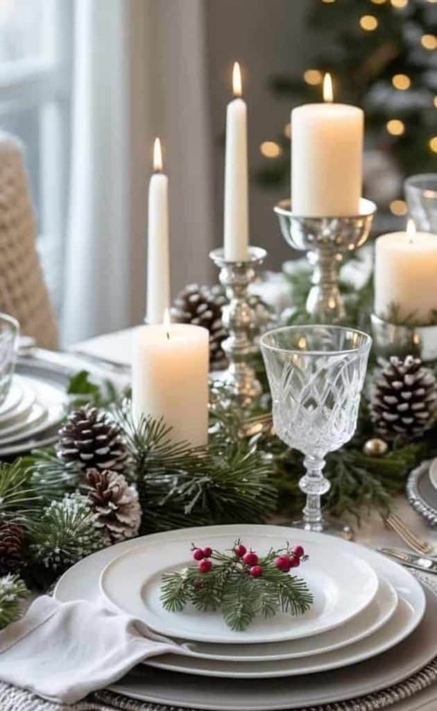 Elegant holiday table setting with white plates, silver cutlery, crystal glass, lit candles, pinecones, and evergreen branches as decoration.