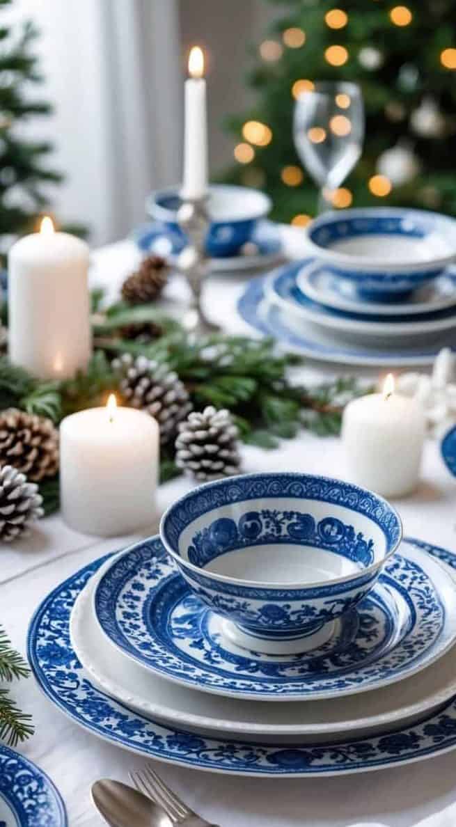 A formal dining table set with blue and white china, silver cutlery, lit candles, pinecones, and evergreen branches, with a decorated Christmas tree in the background.