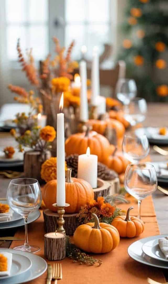 A dining table decorated with small pumpkins, candles, orange flowers, and autumn-themed accents, set for a meal with plates, glasses, and gold utensils.