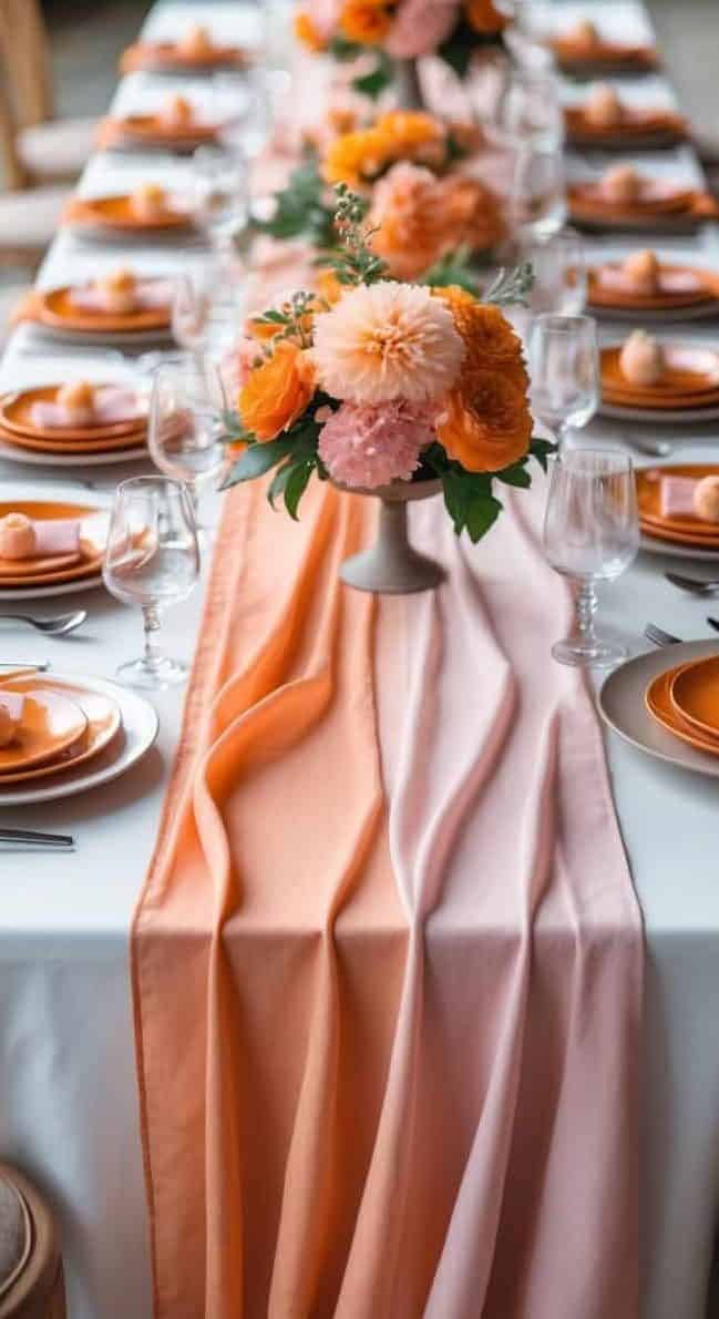 A long dining table set with peach and pink plates, glassware, and cutlery, featuring floral centerpieces and a peach-pink table runner.