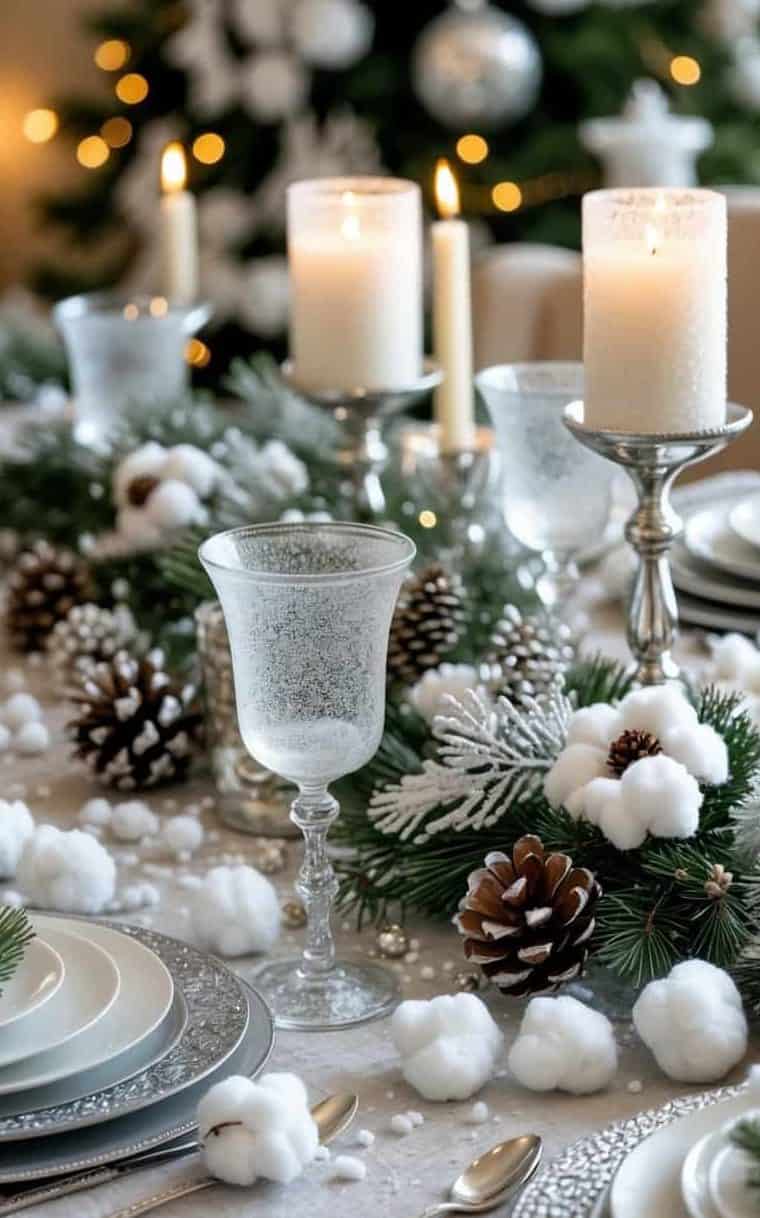 A festive winter table setting with white candles, frosted glasses, pinecones, evergreen branches, and cotton decorations, arranged on a silver-accented tablecloth.