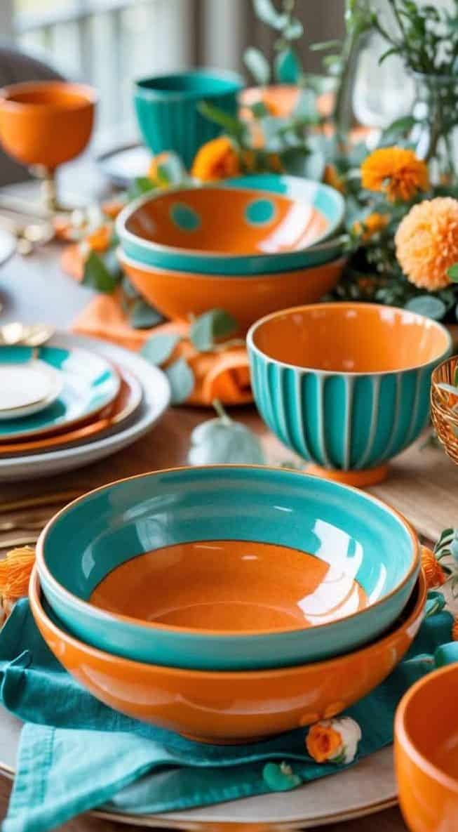 A dining table set with orange and teal bowls, plates, and cups, decorated with orange flowers and greenery for a colorful, festive gathering.