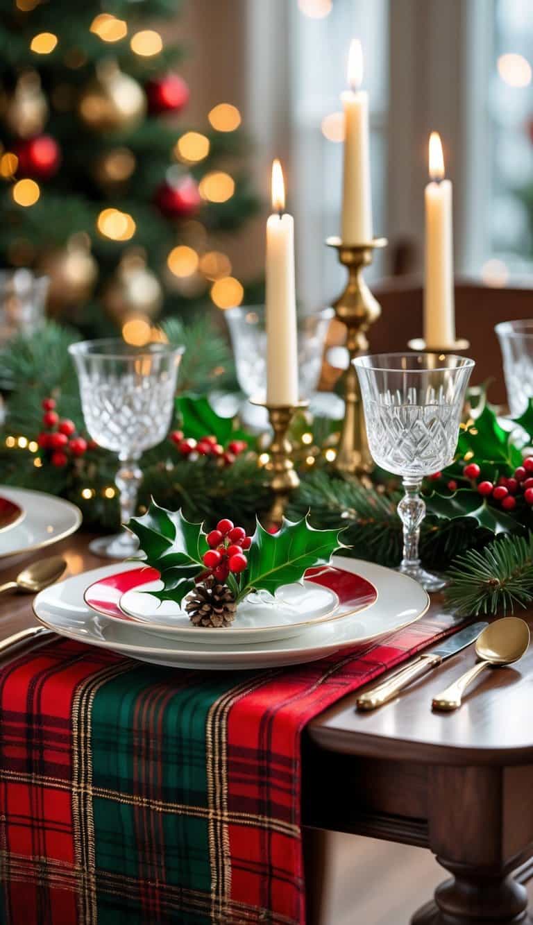 Dining table with a red and green tartan table runner, white plates, silverware, candles, and festive greenery arranged for Christmas.