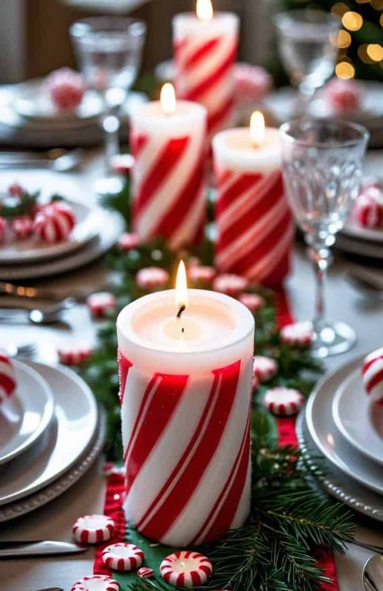 A festive table setting with red and white striped candles, peppermint candies, evergreen branches, plates, and glassware.