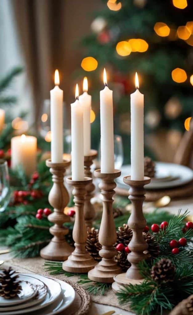 A festive table setting with wooden candle holders, lit white candles, pinecones, greenery, red berries, and a blurred Christmas tree in the background.