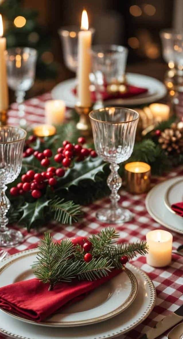 A festive holiday table set with white plates, red napkins, crystal glasses, pine and berry decorations, and lit candles on a red and white checked tablecloth.