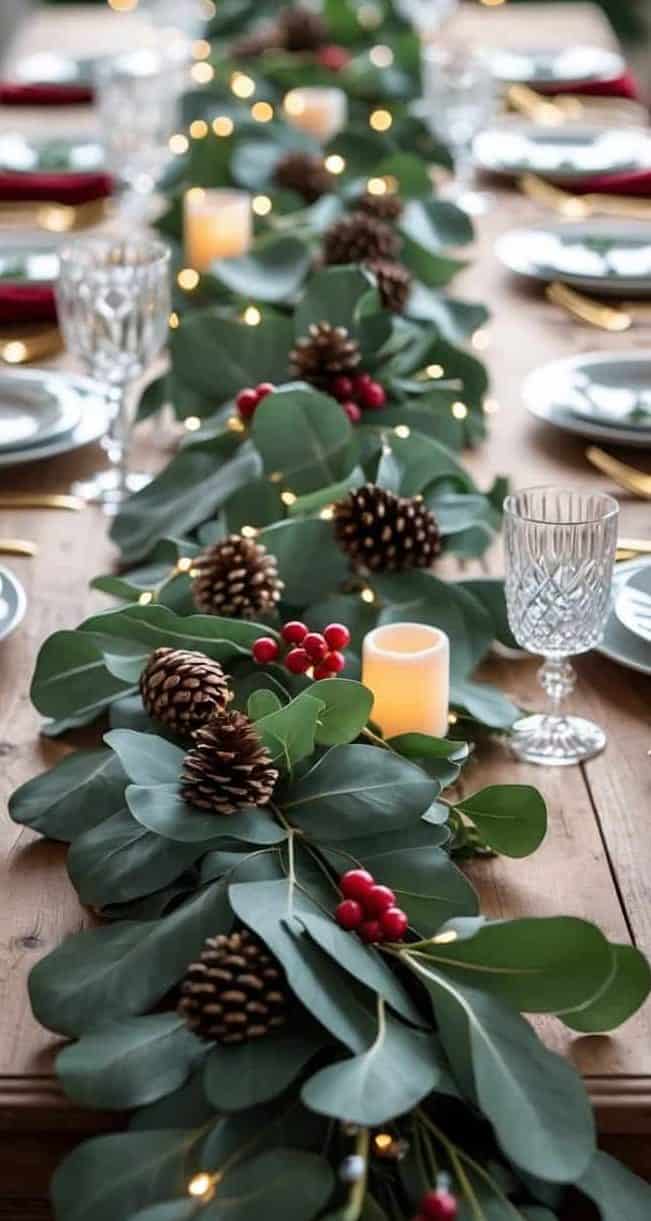 A wooden dining table set with plates, glasses, and gold cutlery, decorated with a greenery garland, pinecones, berries, string lights, and LED candles.