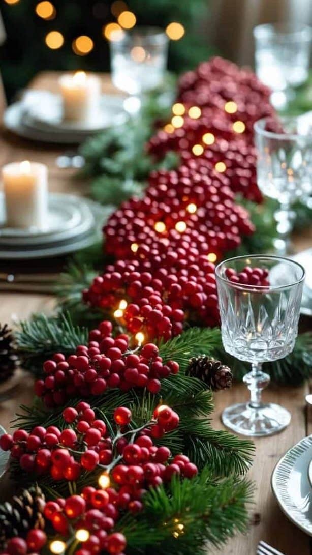 A festive dining table set with plates, glassware, candles, pinecones, and a garland of red berries and greenery, with blurred holiday lights in the background.