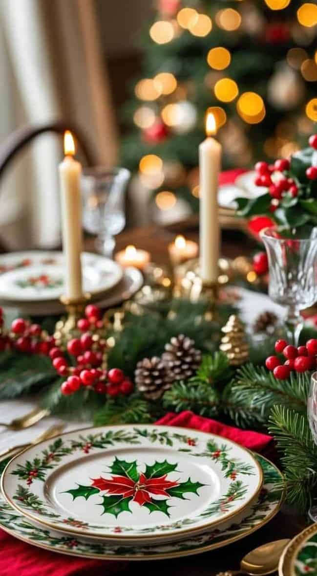 A festive holiday table setting with holly-patterned plates, gold cutlery, red napkins, candles, and evergreen decorations, with a decorated Christmas tree in the background.