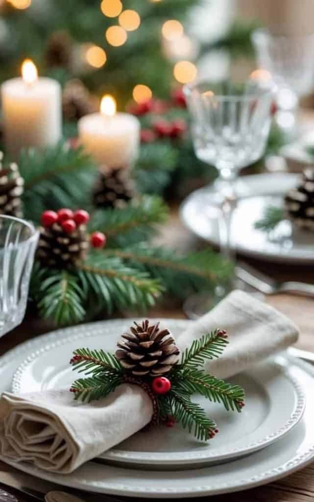 A festive table setting with white plates, crystal glasses, silverware, pinecones, evergreen sprigs, red berries, and candles in the background.