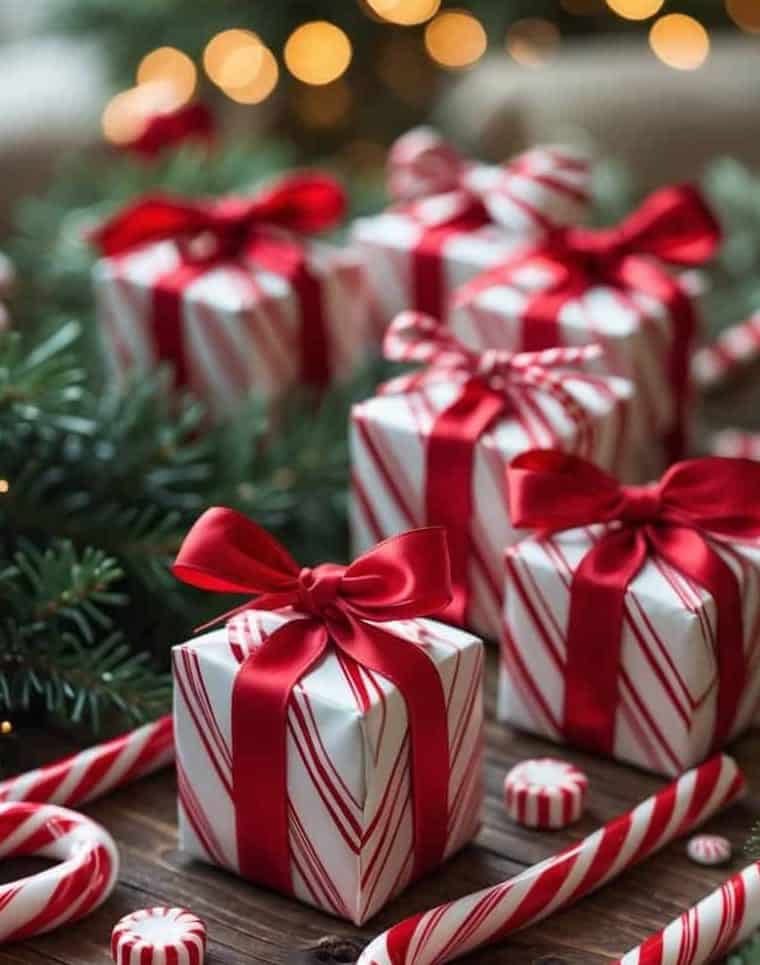 Several gift boxes wrapped in white paper with red stripes and red bows are surrounded by candy canes, peppermint candies, and pine branches on a wooden surface.
