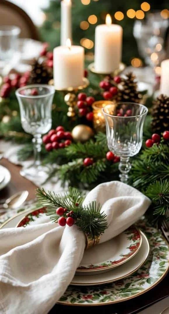 A festive holiday table setting with white candles, pine branches, red berries, pinecones, and holiday-patterned plates, arranged in front of a decorated Christmas tree.