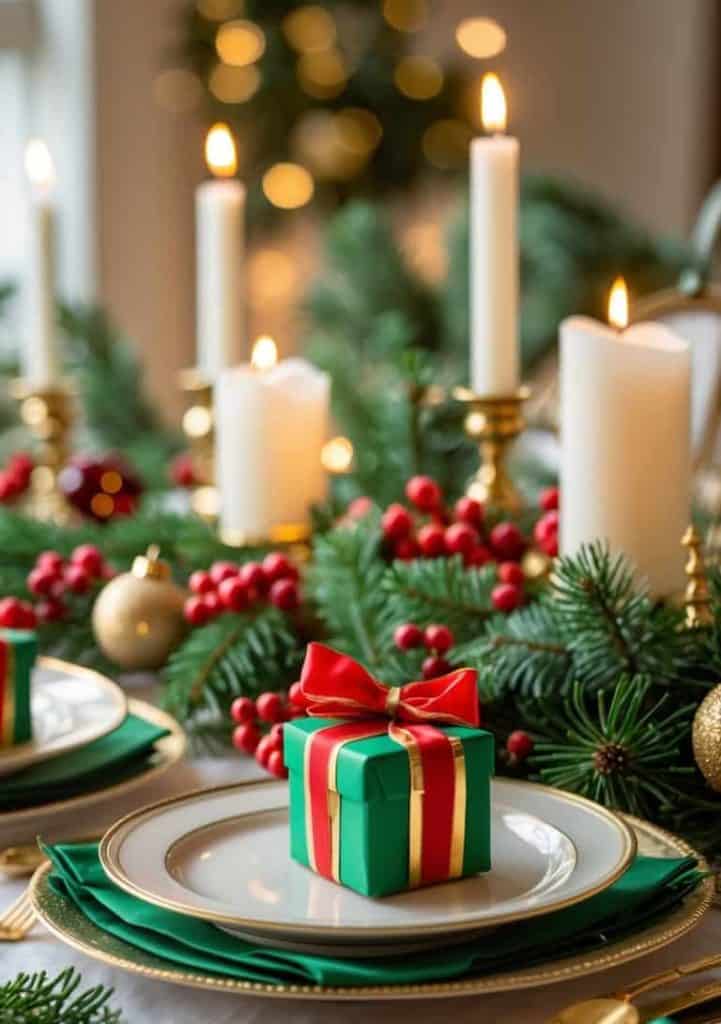 A festive holiday table setting with white plates, gold cutlery, candles, evergreen branches, red berries, and a small green gift box with a red ribbon placed on a plate.