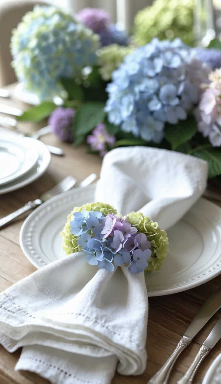 A dining table set with napkins held by small hydrangea flower cluster napkin rings surrounded by matching hydrangea blooms and greenery.