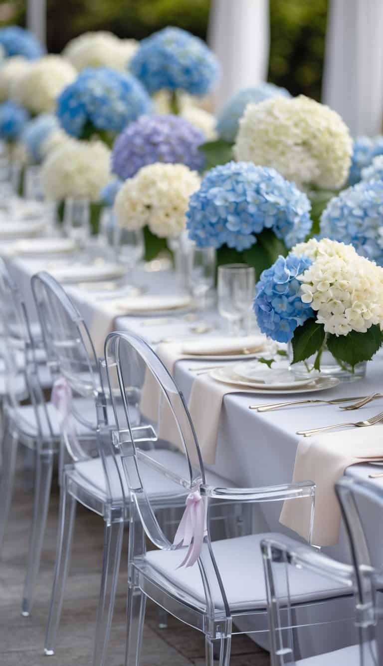 Clear acrylic chairs decorated with single hydrangea flowers tied with ribbons around a table set with hydrangea floral arrangements.