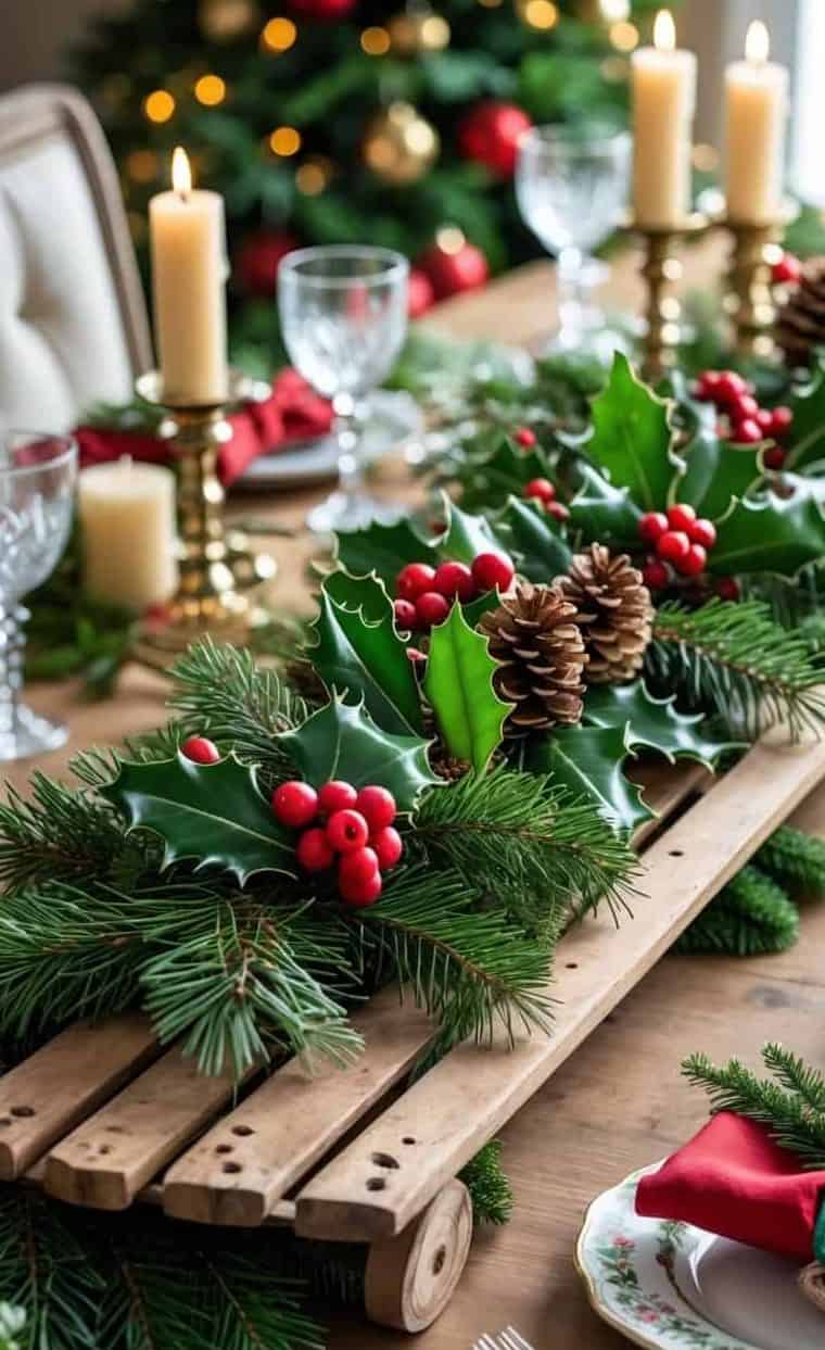 A wooden table decorated with a festive Christmas centerpiece of pine branches, holly, red berries, and pinecones, set with candles, glassware, and a blurred Christmas tree in the background.