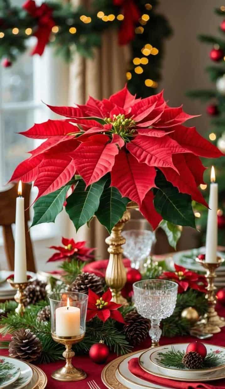 A festive dining table with a large red poinsettia centerpiece, candles, pinecones, glassware, and holiday decorations, set for a Christmas meal.