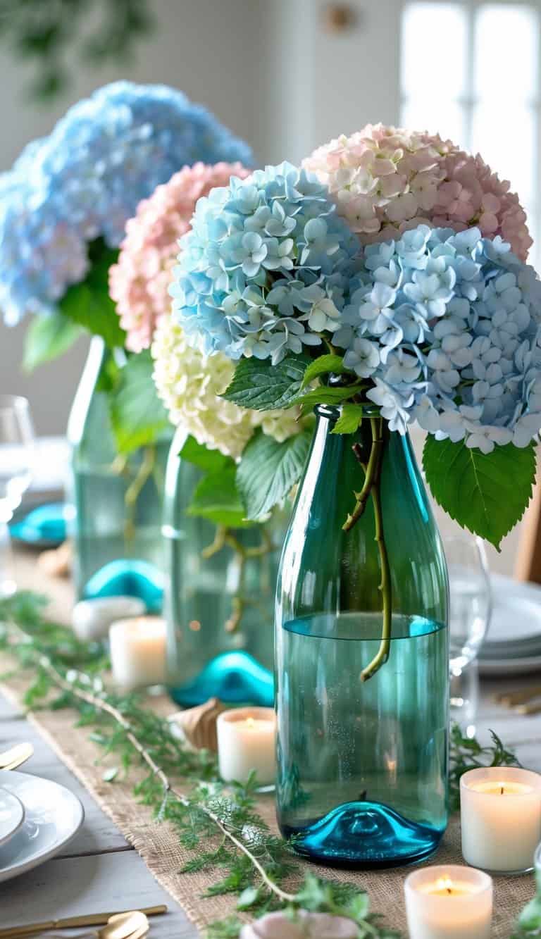 A wooden table decorated with wine bottles filled with colorful hydrangea flowers arranged as a centerpiece.