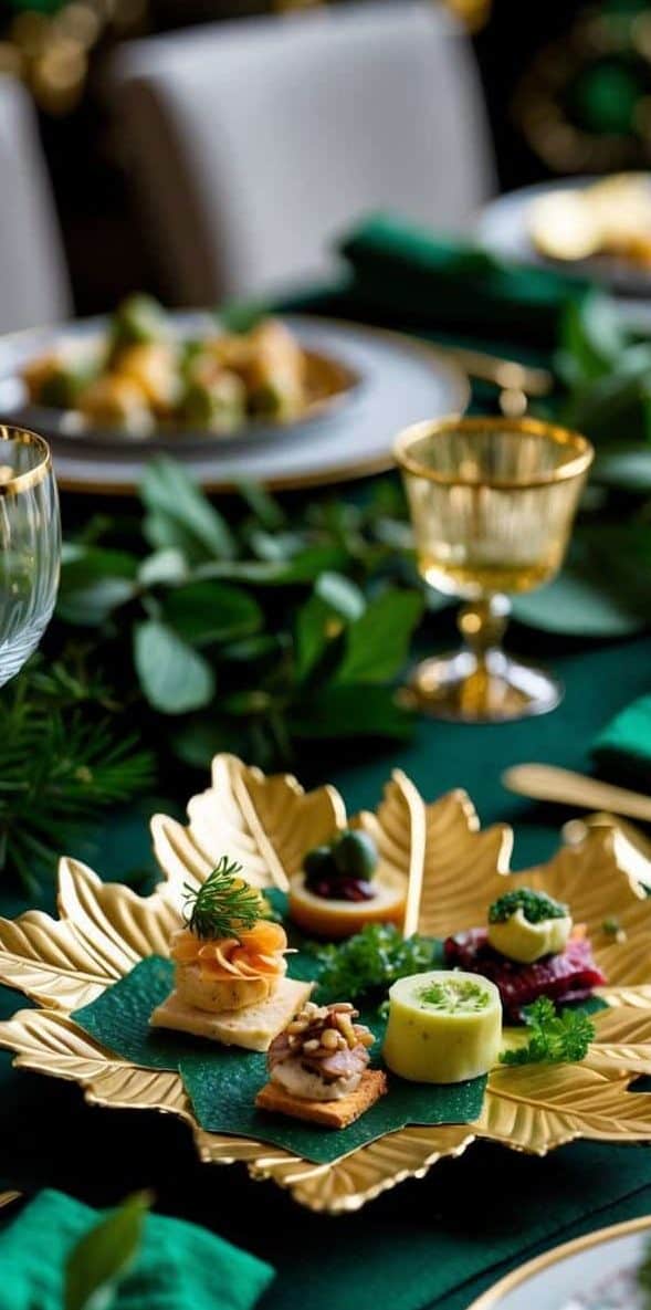 A formal dining table set with gold-rimmed dishes and glasses, featuring assorted appetizers on a decorative gold leaf plate, and green foliage as centerpiece.