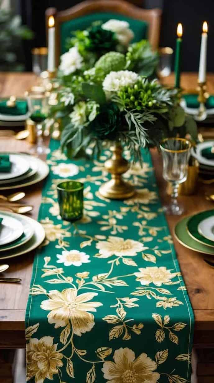 A wooden dining table set with green and gold floral table runner, matching plates, gold flatware, green napkins, candles, and a centerpiece of white and green flowers.