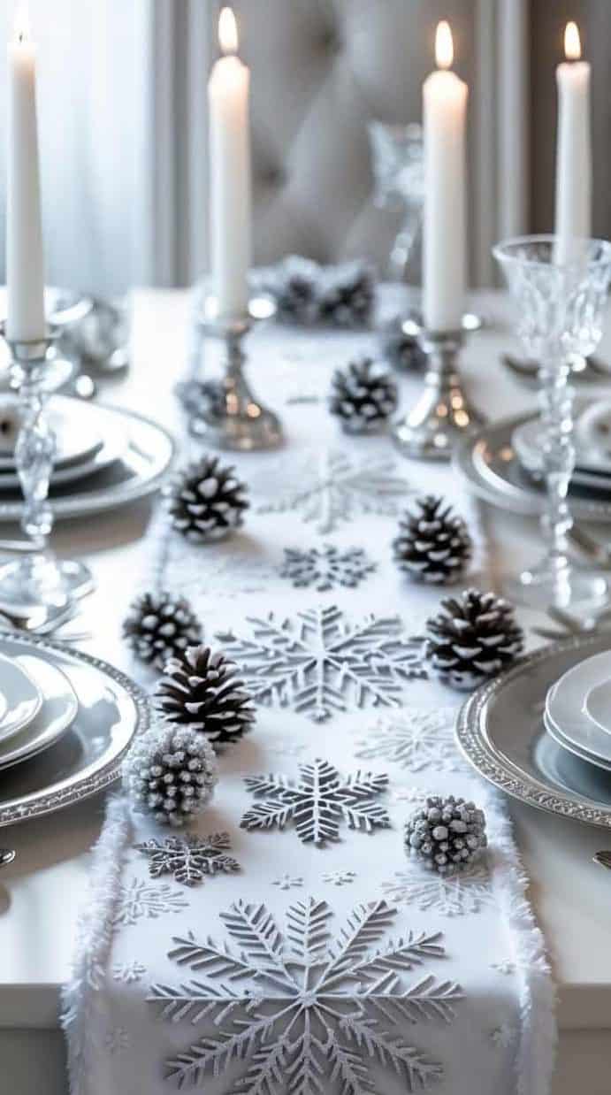 A white table set with silver plates, crystal glasses, lit white candles, pinecones, and a snowflake-patterned runner, creating a winter-themed centerpiece.
