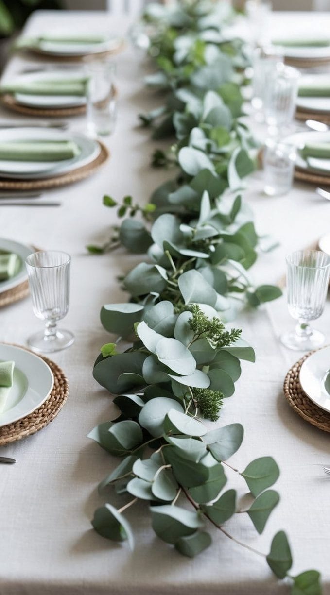 A dining table set with plates, glasses, and napkins, featuring a centerpiece of green eucalyptus leaves running down the middle.