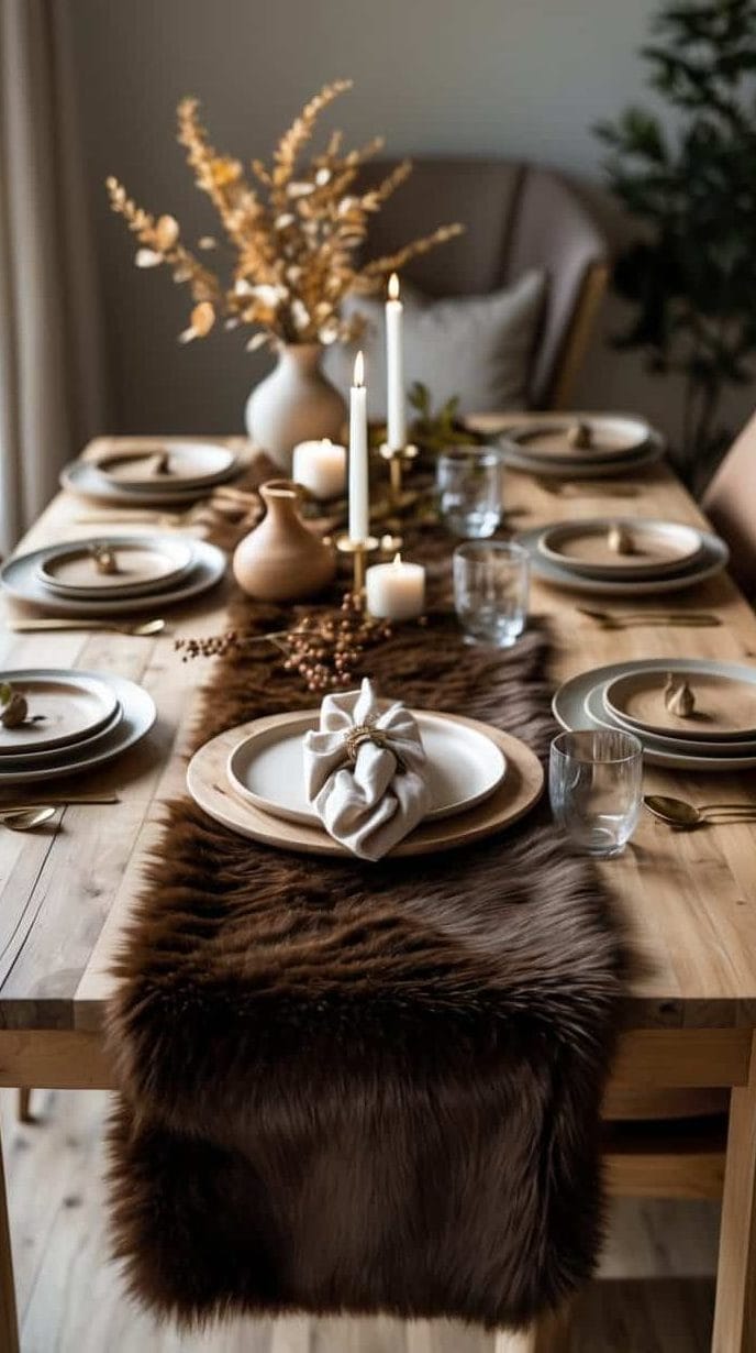 A wooden dining table set for six with neutral plates, glassware, candles, and a brown fur table runner, decorated with dried flowers in vases.