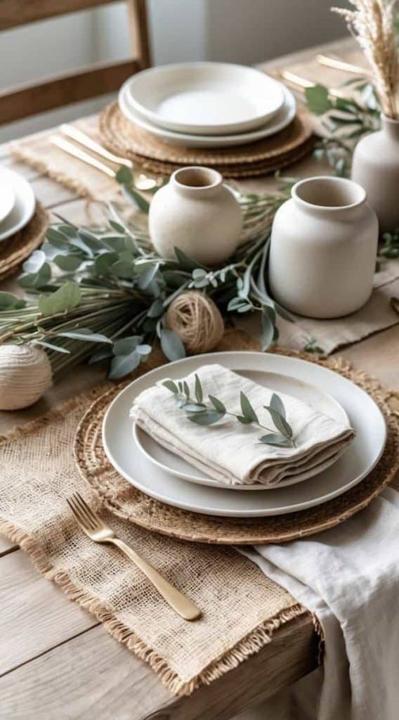 A rustic table setting with ceramic plates, linen napkins, gold cutlery, and neutral vases with greenery on a wooden table decorated with woven placemats and burlap runners.