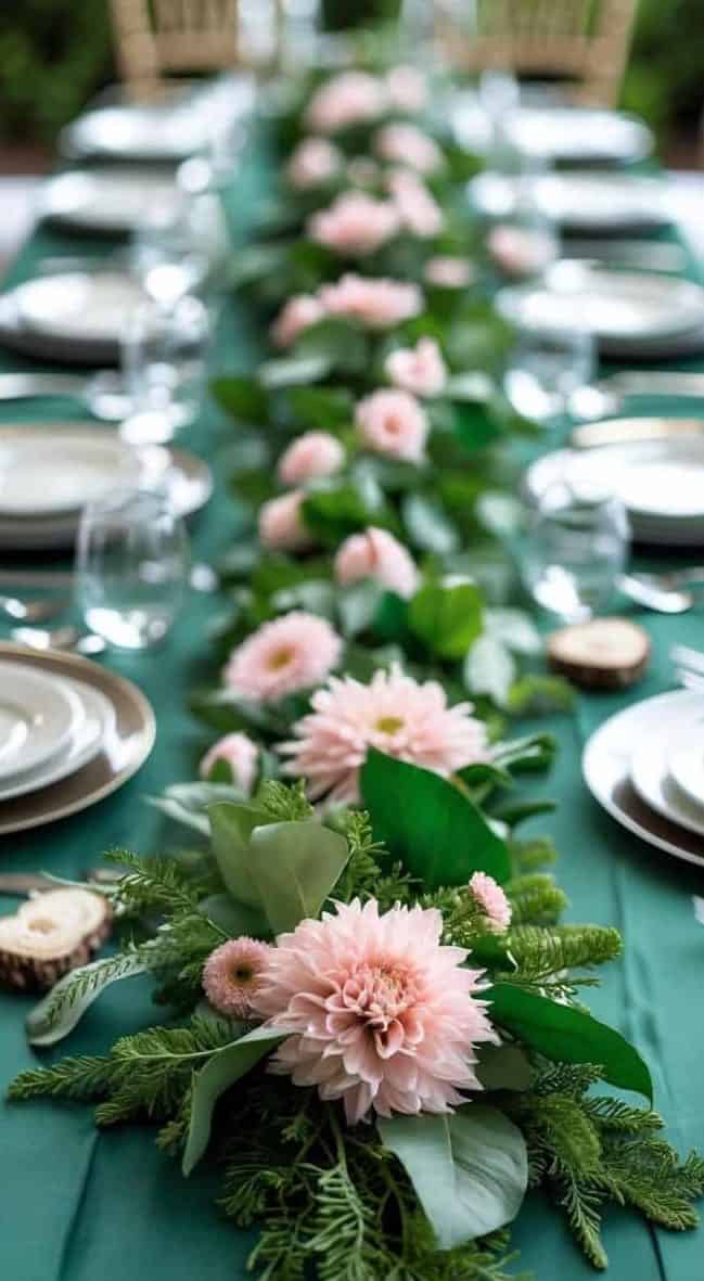 A long dining table with a green tablecloth is set with plates and glasses, featuring a centerpiece of pink flowers and greenery running down the middle.