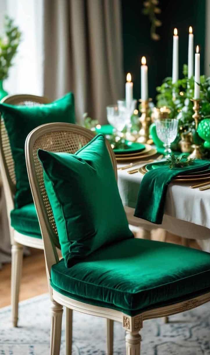 A dining table set with green velvet chairs, gold-accented tableware, glassware, white candles, and green foliage centerpiece.