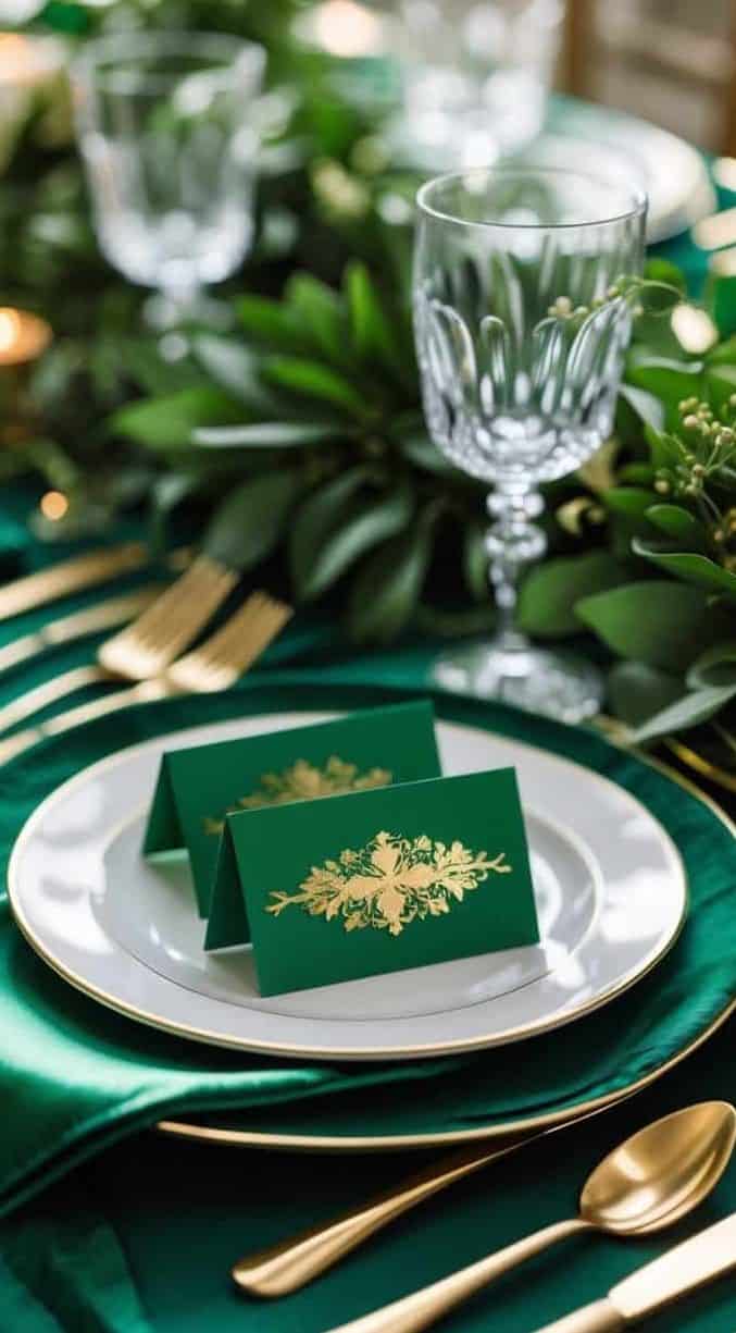 A formal table setting with gold cutlery, crystal glassware, green and white plates, and green place cards decorated with gold floral designs, surrounded by green foliage.