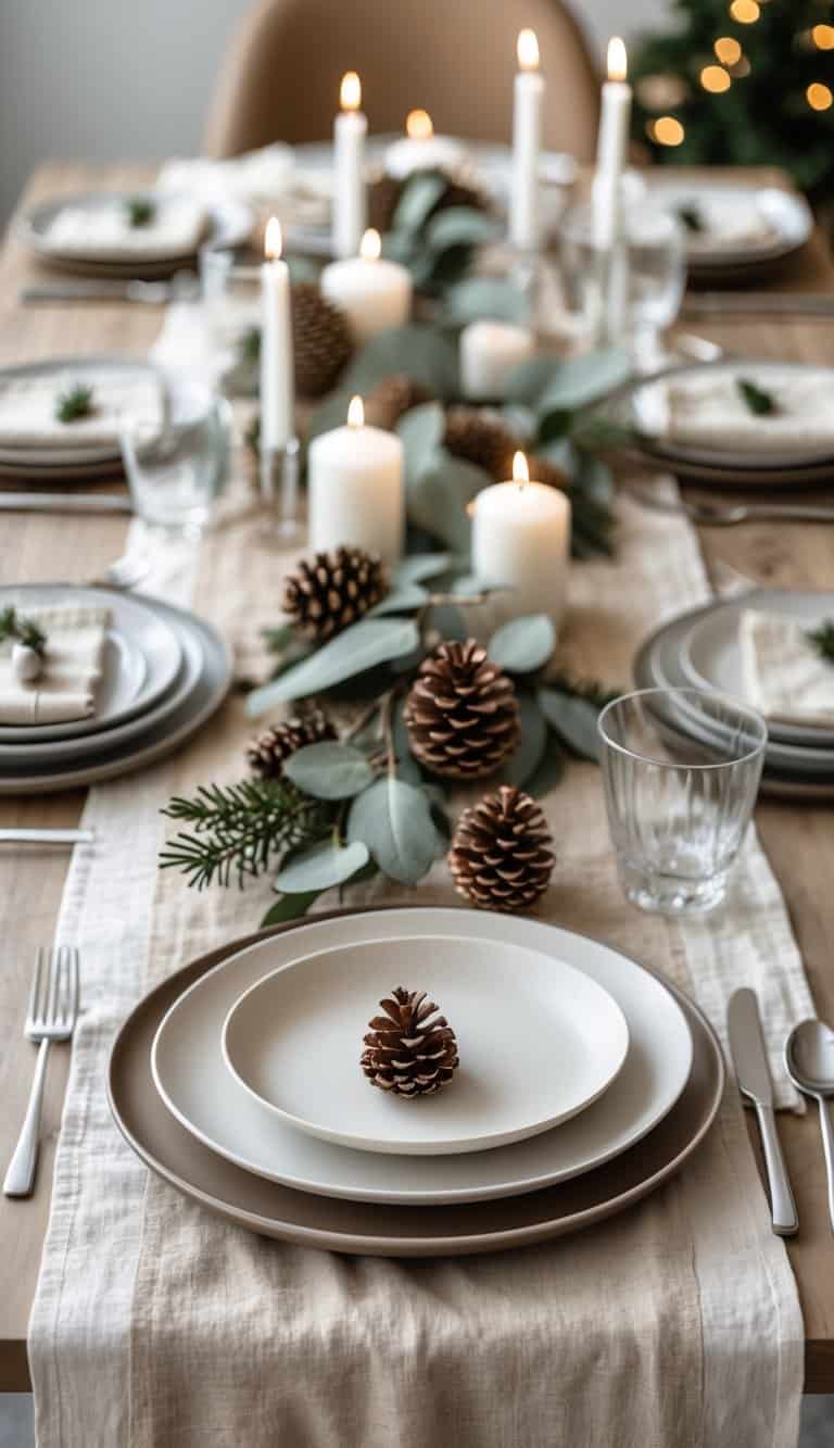 A Christmas dining table set with a natural linen table runner, white plates, glassware, candles, pine cones, and eucalyptus branches.