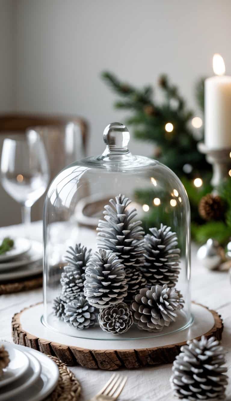 A glass cloche covering a small arrangement of pine cones on a modern Christmas table setting.