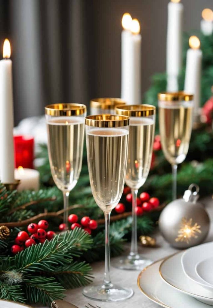A festive table setting with champagne flutes, white plates with gold trim, candles, evergreen branches, red berries, and a silver ornament.