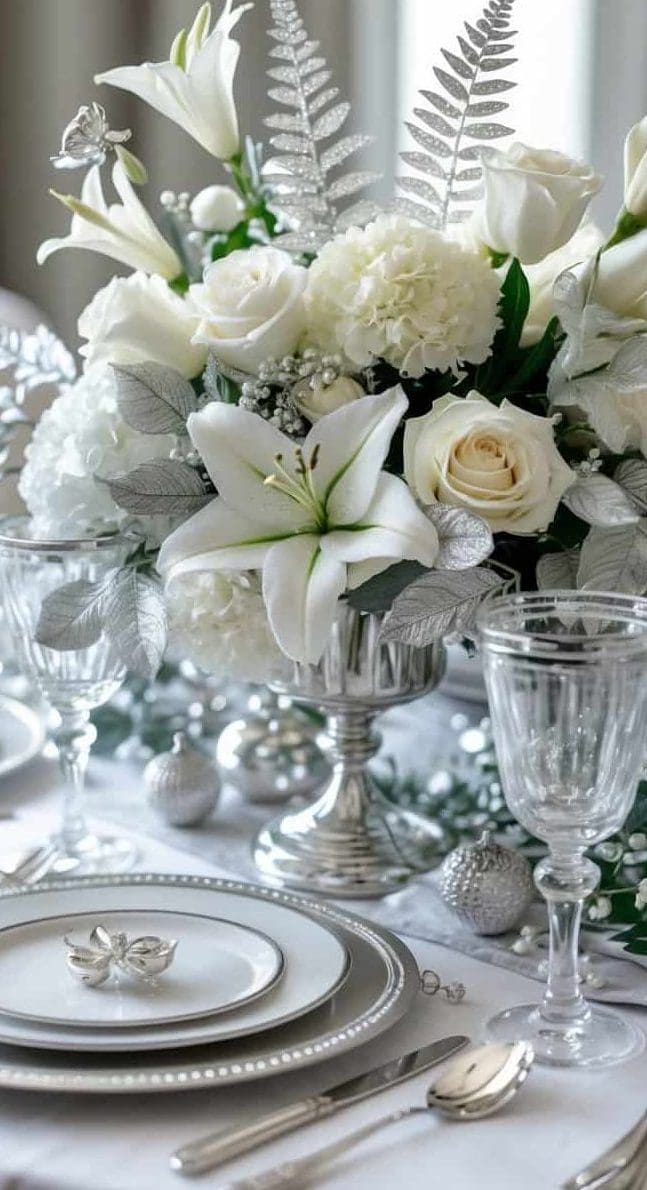 Elegant table setting with white and silver plates, glassware, and a centerpiece of white flowers, including lilies and roses, accented with silver leaves and ornaments.