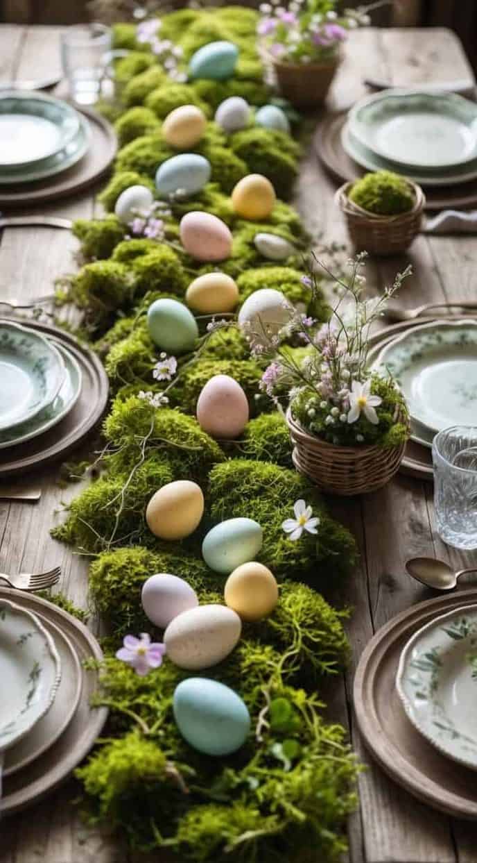 A rustic wooden table set with plates and glasses, decorated with a moss runner, pastel-colored eggs, and small baskets of flowers.