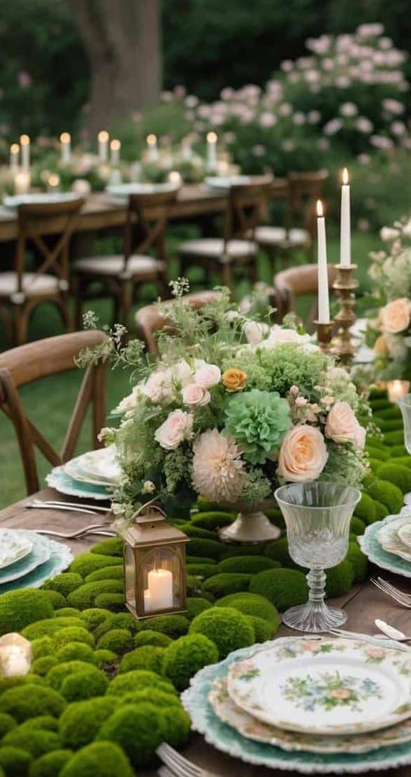 A garden table set with floral centerpieces, elegant glassware, candles, and moss table runner, surrounded by greenery and flowers outdoors.